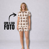Pijama Curto Listrado Feminino Personalizado com fotos - Envie a sua foto